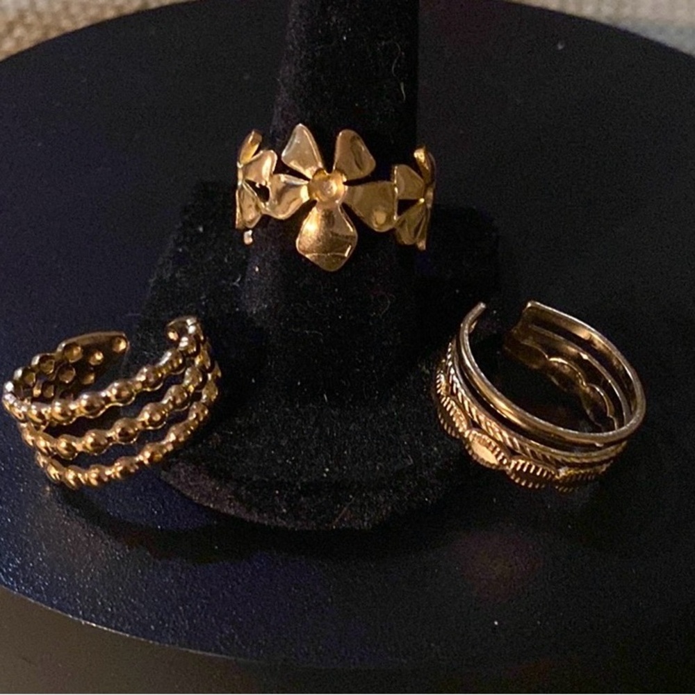 3 pc Stainless Steel Rings Set With Gold Plated, Adjustable Open Cuff
